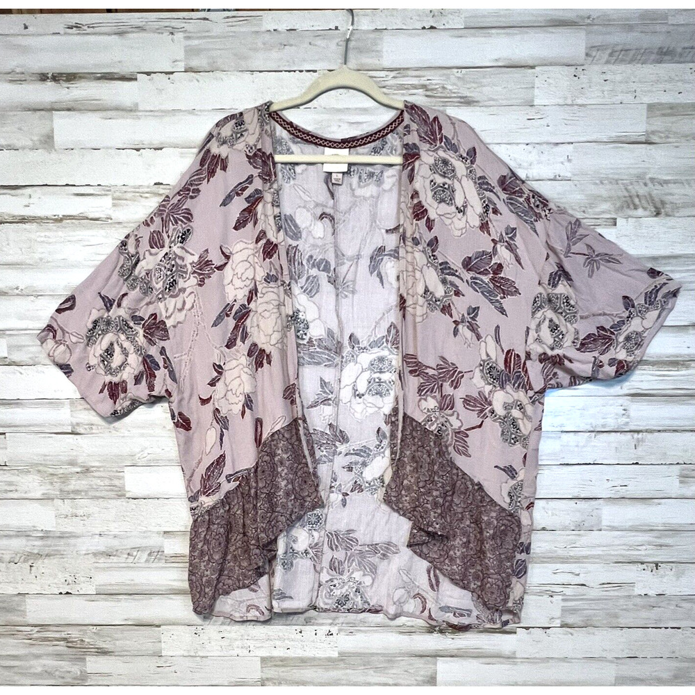 Knox Rose Women's L Bohemian Floral Paisley Ruffle Open Front Kimono Cardigan